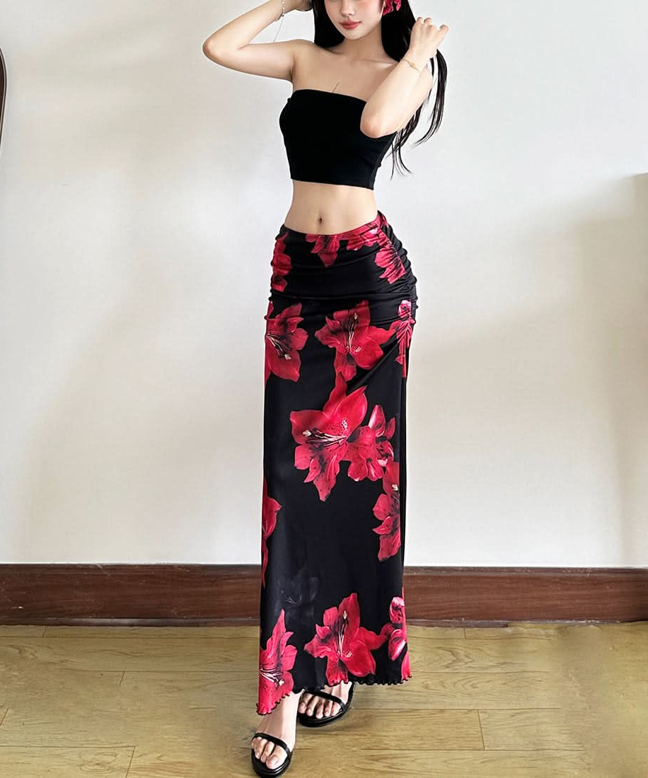 Striking Red Floral Ruched Maxi Skirt Set - Effortless Two-Piece Chic for Fall & Resort