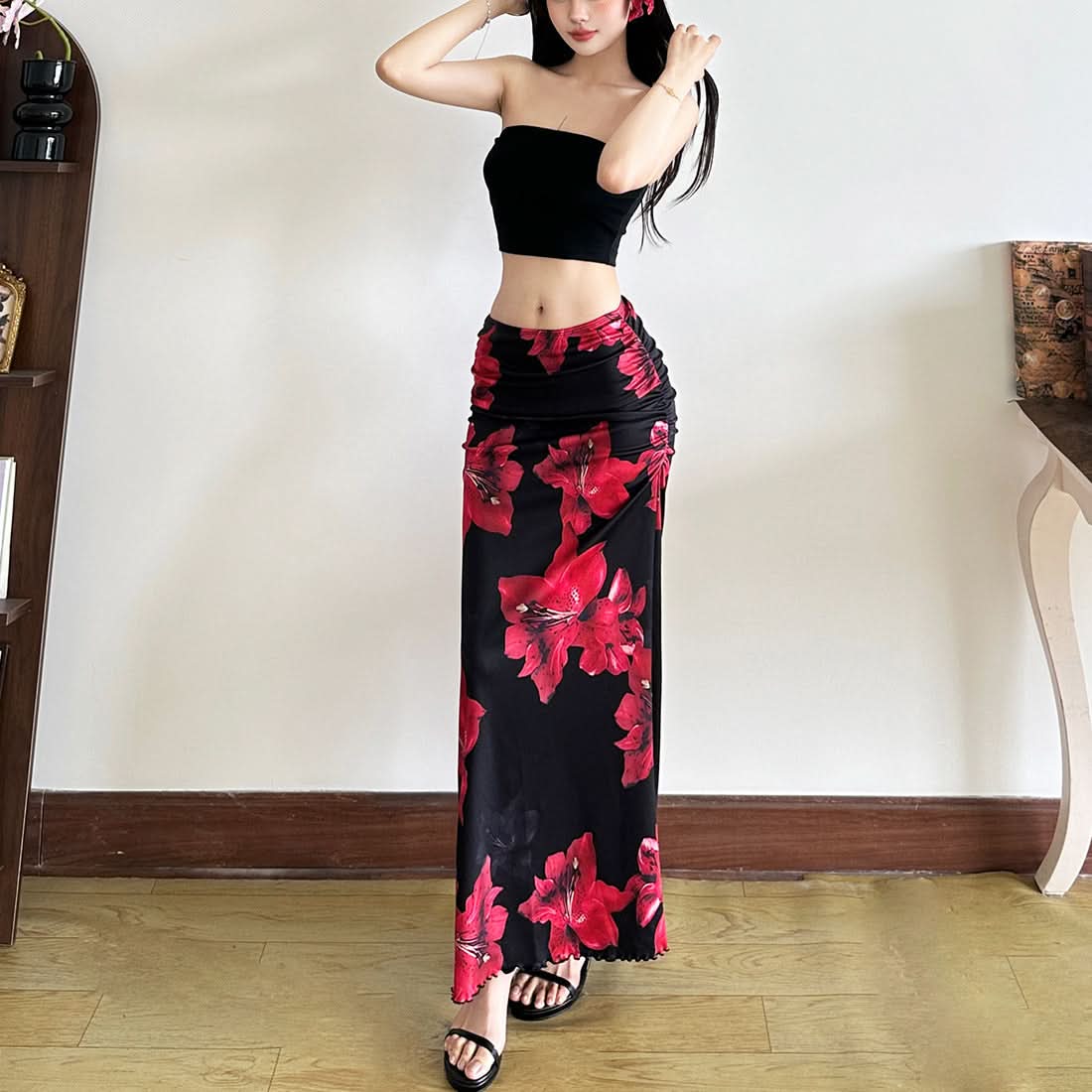 Striking Red Floral Ruched Maxi Skirt Set - Effortless Two-Piece Chic for Fall & Resort