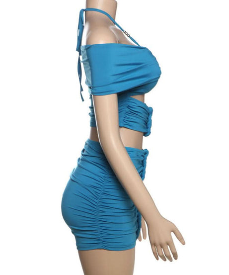Electric Blue Ruched Halter Off-Shoulder Mini Skirt Set | Fall Party & Night Out Co-ord