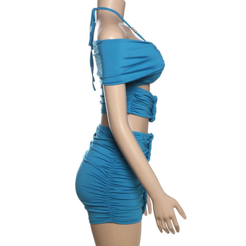 Electric Blue Ruched Halter Off-Shoulder Mini Skirt Set | Fall Party & Night Out Co-ord