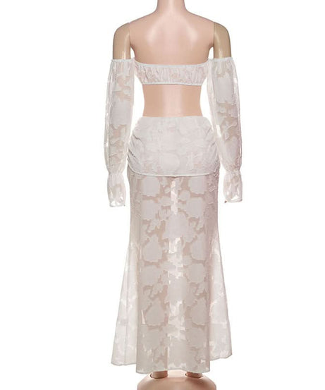 Elegant White Floral Off-Shoulder Crop Top & Maxi Skirt Set - Fall & Holiday Chic
