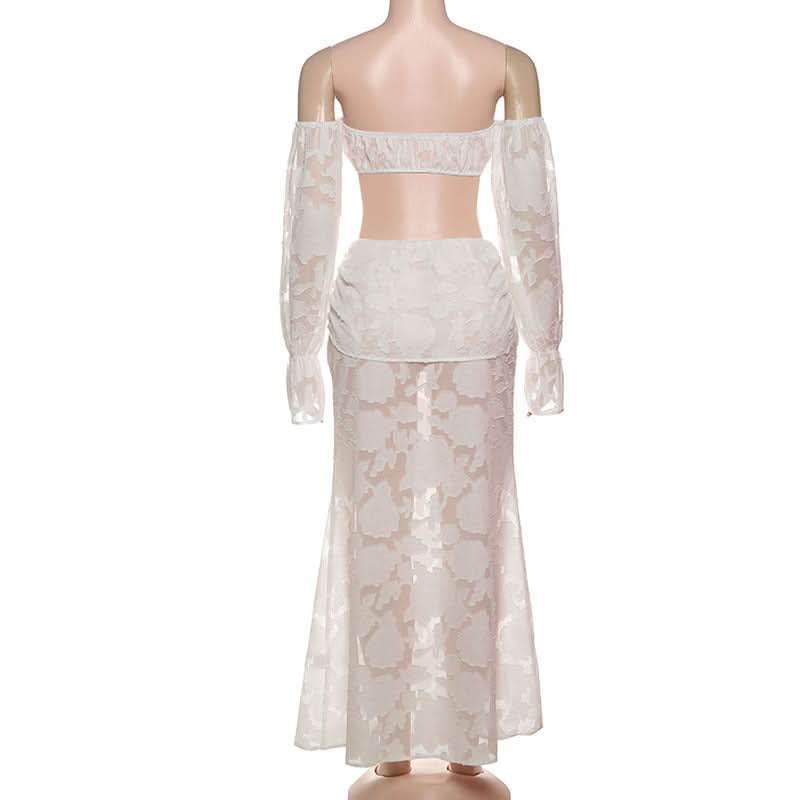 Elegant White Floral Off-Shoulder Crop Top & Maxi Skirt Set - Fall & Holiday Chic