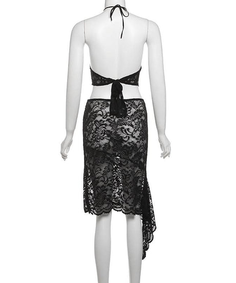 Sultry Black Lace Cutout Halter & High-Slit Midi Set - Your Halloween & Night Out Statement