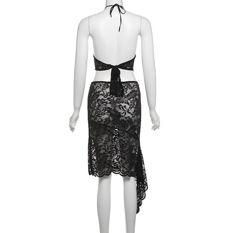 Sultry Black Lace Cutout Halter & High-Slit Midi Set - Your Halloween & Night Out Statement