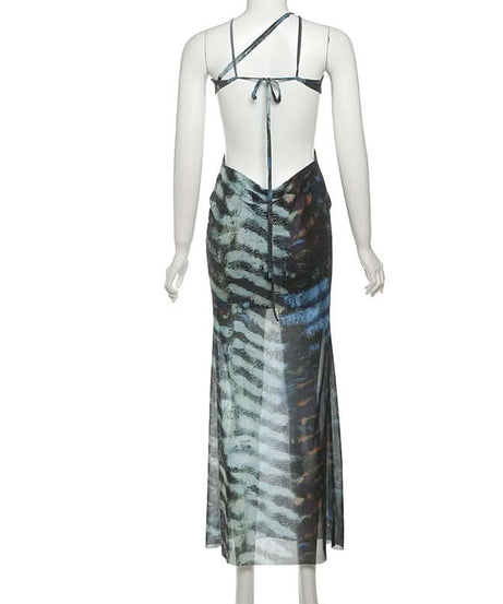 Sultry Escape: Abstract Zebra Mesh Cutout Maxi Dress - Self-Tie Halter