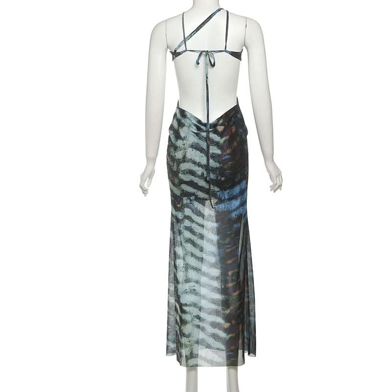 Sultry Escape: Abstract Zebra Mesh Cutout Maxi Dress - Self-Tie Halter