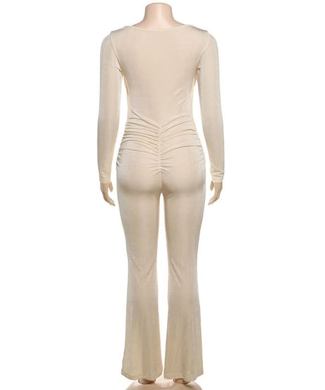 Fall & Holiday Glam: Chic Ruched Long Sleeve Jumpsuit with Statement Cutout & Flare