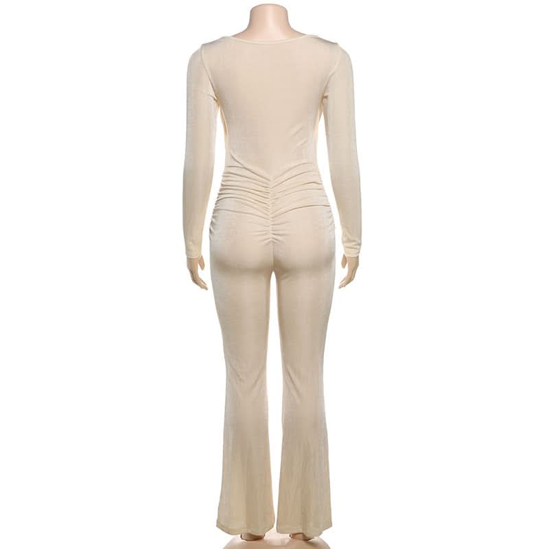 Fall & Holiday Glam: Chic Ruched Long Sleeve Jumpsuit with Statement Cutout & Flare