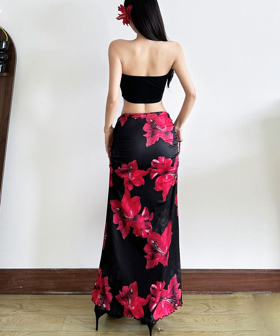 Striking Red Floral Ruched Maxi Skirt Set - Effortless Two-Piece Chic for Fall & Resort
