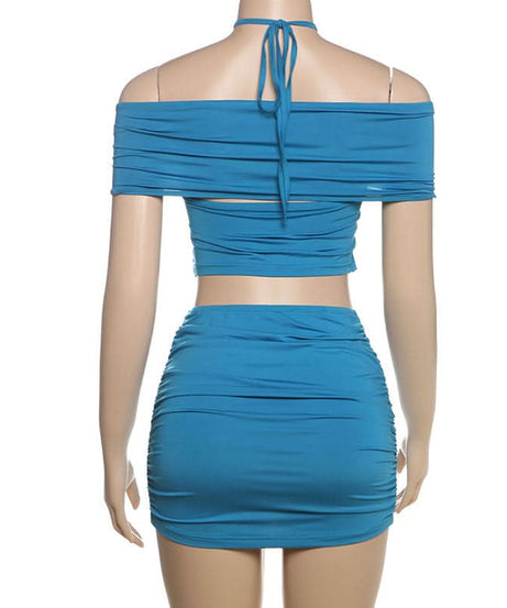 Electric Blue Ruched Halter Off-Shoulder Mini Skirt Set | Fall Party & Night Out Co-ord