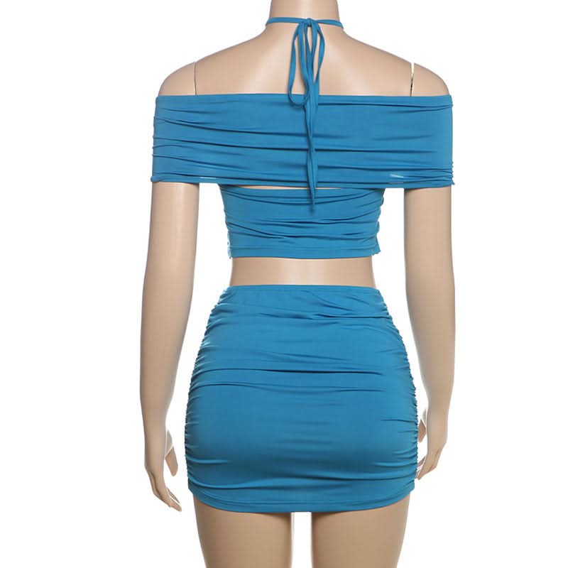 Electric Blue Ruched Halter Off-Shoulder Mini Skirt Set | Fall Party & Night Out Co-ord
