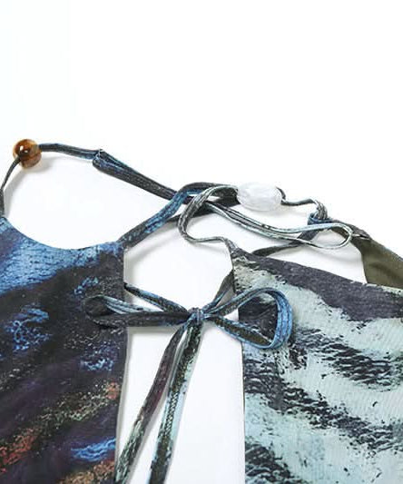 Sultry Escape: Abstract Zebra Mesh Cutout Maxi Dress - Self-Tie Halter