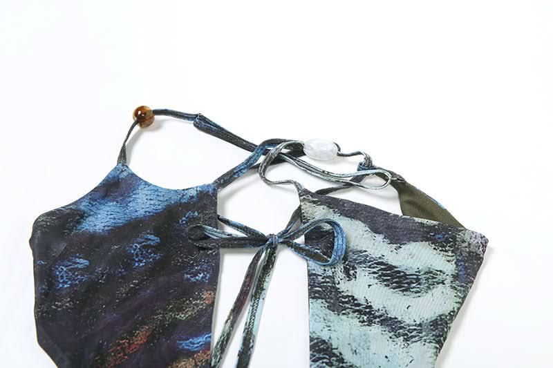 Sultry Escape: Abstract Zebra Mesh Cutout Maxi Dress - Self-Tie Halter