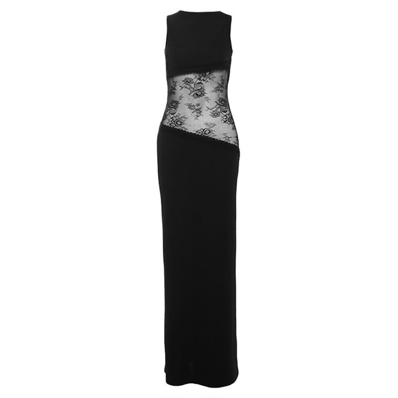 Black Lace Illusion Maxi Dress | Backless Glamour for Fall & Holiday Parties