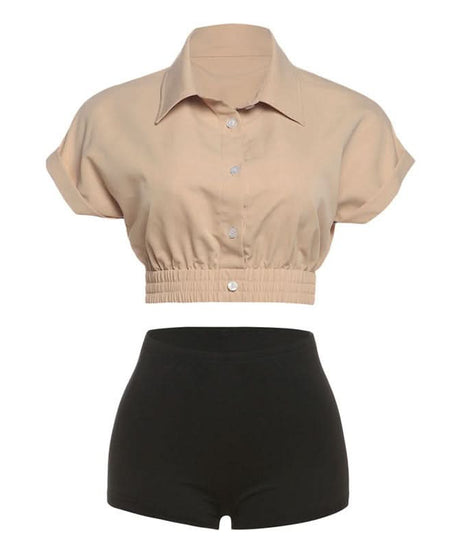 Effortless Chic: Khaki Crop Button-Up & Black High-Waist Shorts Set – Your Perfect Fall Comfort
