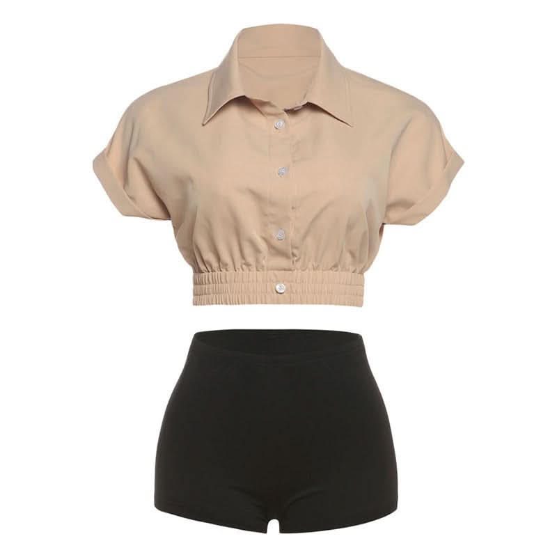 Effortless Chic: Khaki Crop Button-Up & Black High-Waist Shorts Set – Your Perfect Fall Comfort