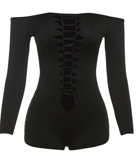 Sultry Black Off-Shoulder Long Sleeve Ladder Cut-Out Romper - Fall Nights & Party Essential