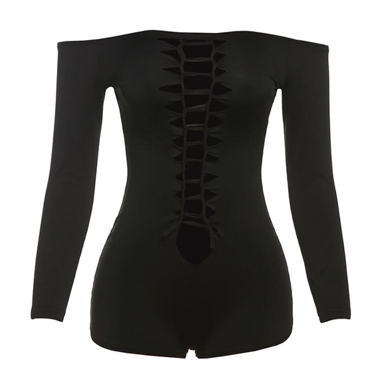 Sultry Black Off-Shoulder Long Sleeve Ladder Cut-Out Romper - Fall Nights & Party Essential