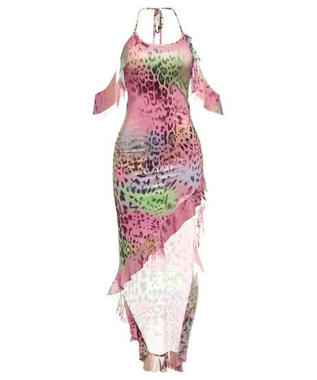 Y2K Rainbow Leopard Halter Maxi Dress - Vibrant Asymmetrical Ruffle Party & Resort Ready