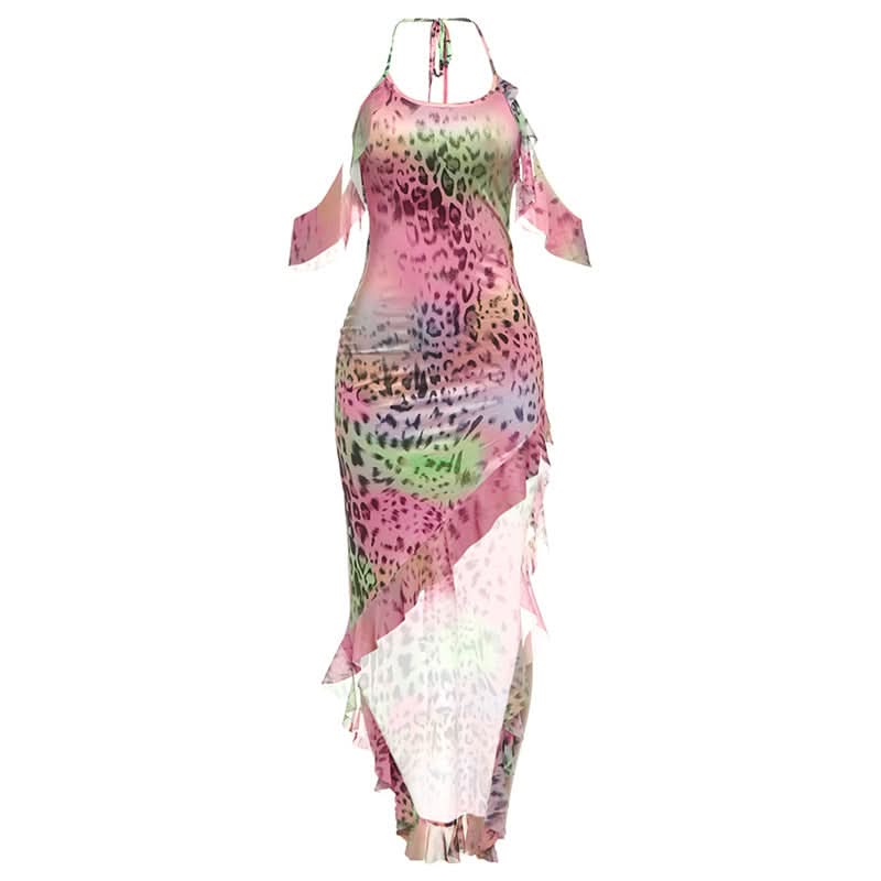 Y2K Rainbow Leopard Halter Maxi Dress - Vibrant Asymmetrical Ruffle Party & Resort Ready