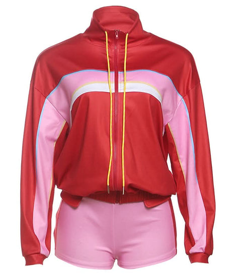 Y2K Retro Colorblock Track Jacket & Shorts Set - Vibrant Athleisure Co-ord for Women