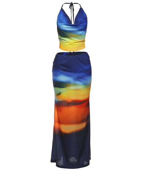 Vibrant Sunset Ombre Halter Crop Top & Maxi Skirt Set - Your Go-To for Fall Getaways & Resort Style