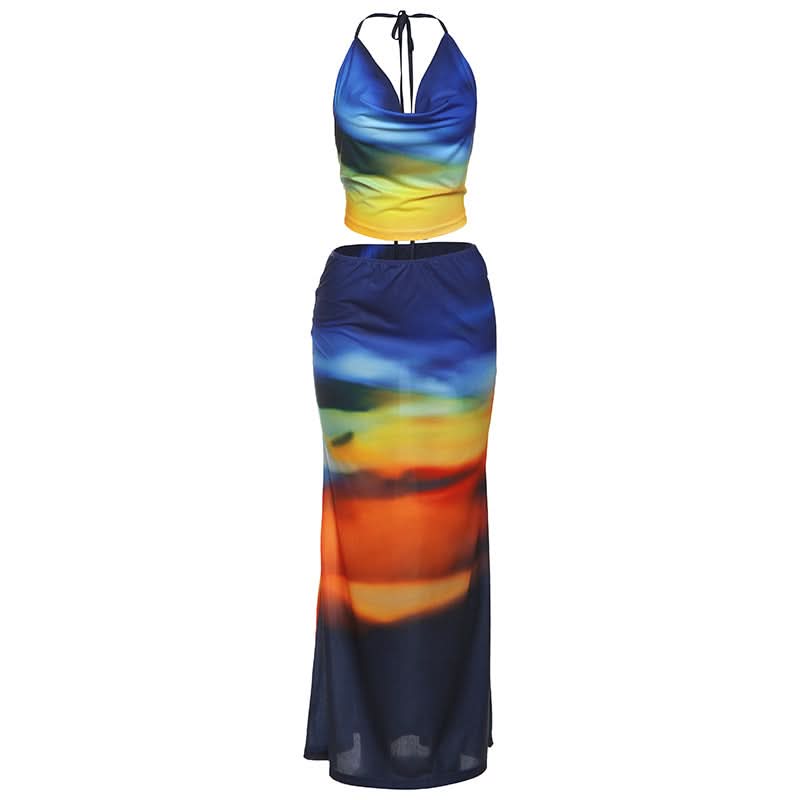Vibrant Sunset Ombre Halter Crop Top & Maxi Skirt Set - Your Go-To for Fall Getaways & Resort Style