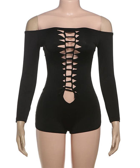 Sultry Black Off-Shoulder Long Sleeve Ladder Cut-Out Romper - Fall Nights & Party Essential