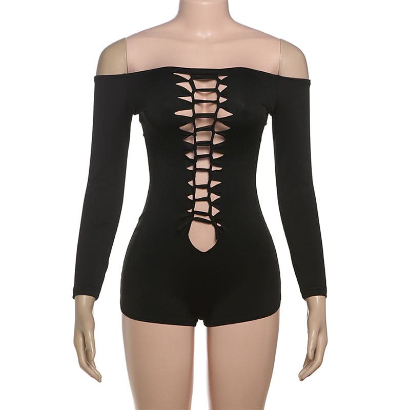 Sultry Black Off-Shoulder Long Sleeve Ladder Cut-Out Romper - Fall Nights & Party Essential