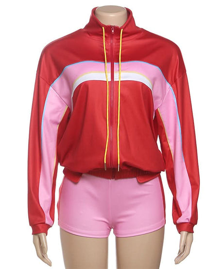 Y2K Retro Colorblock Track Jacket & Shorts Set - Vibrant Athleisure Co-ord for Women