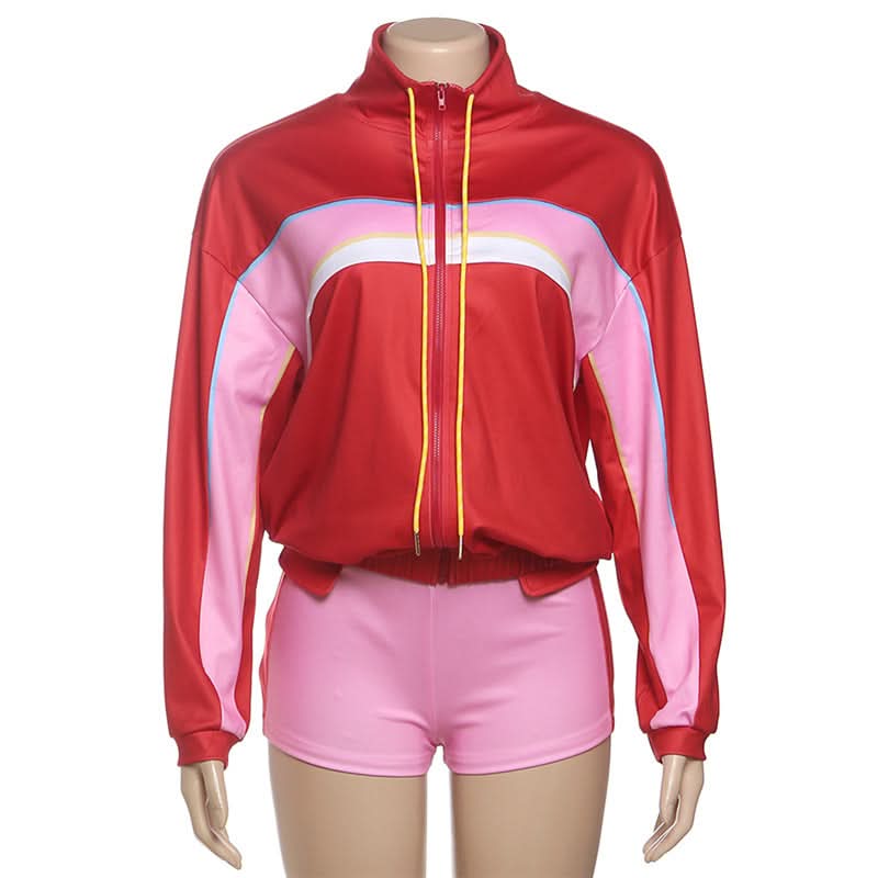 Y2K Retro Colorblock Track Jacket & Shorts Set - Vibrant Athleisure Co-ord for Women