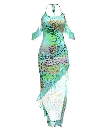 Y2K Rainbow Leopard Halter Maxi Dress - Vibrant Asymmetrical Ruffle Party & Resort Ready