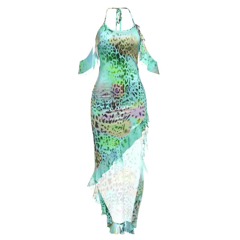Y2K Rainbow Leopard Halter Maxi Dress - Vibrant Asymmetrical Ruffle Party & Resort Ready