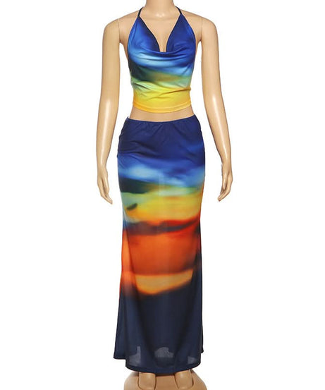Vibrant Sunset Ombre Halter Crop Top & Maxi Skirt Set - Your Go-To for Fall Getaways & Resort Style