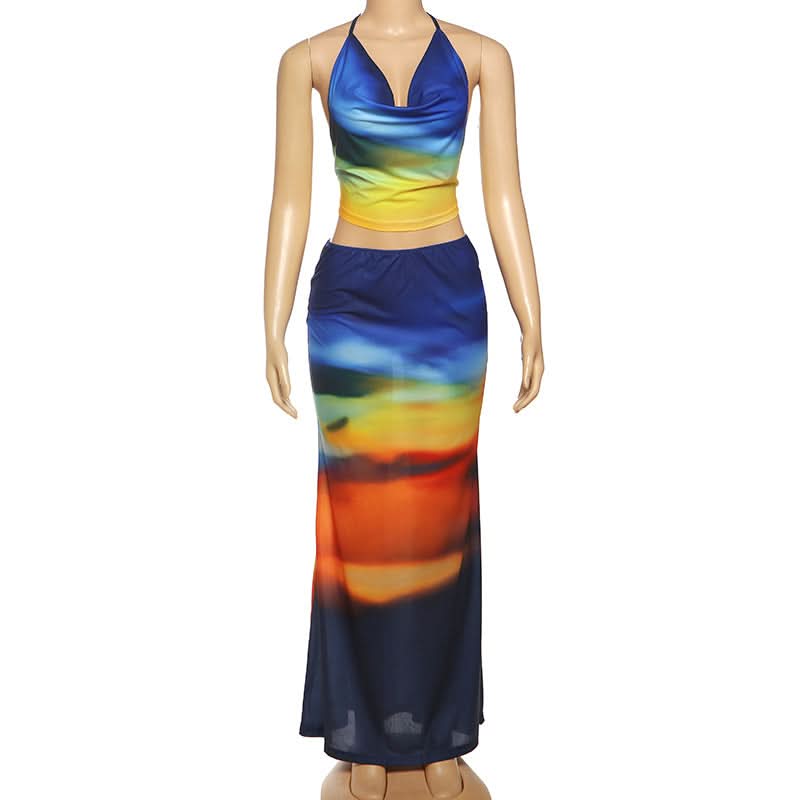 Vibrant Sunset Ombre Halter Crop Top & Maxi Skirt Set - Your Go-To for Fall Getaways & Resort Style