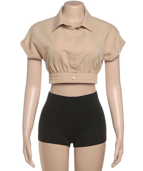 Effortless Chic: Khaki Crop Button-Up & Black High-Waist Shorts Set – Your Perfect Fall Comfort