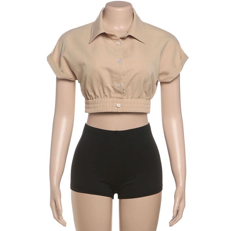 Effortless Chic: Khaki Crop Button-Up & Black High-Waist Shorts Set – Your Perfect Fall Comfort