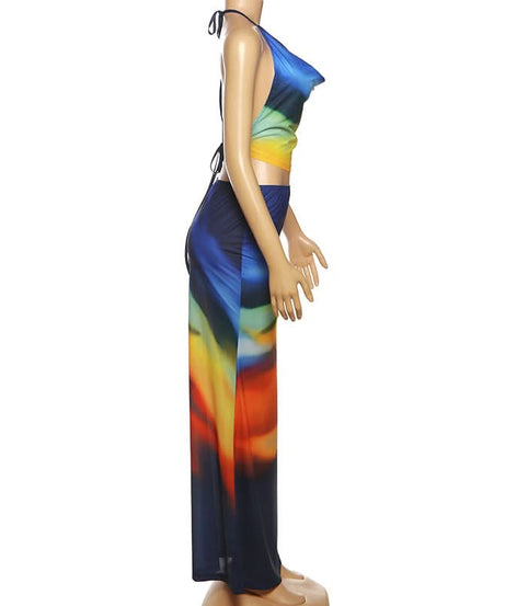 Vibrant Sunset Ombre Halter Crop Top & Maxi Skirt Set - Your Go-To for Fall Getaways & Resort Style