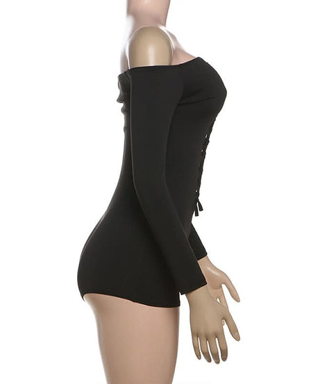 Sultry Black Off-Shoulder Long Sleeve Ladder Cut-Out Romper - Fall Nights & Party Essential