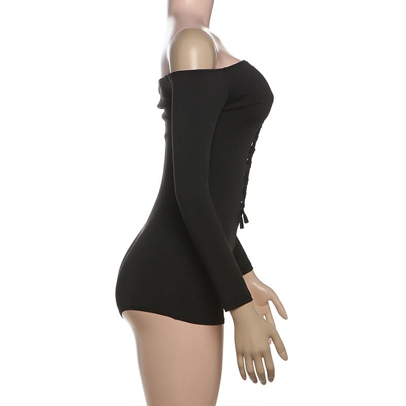 Sultry Black Off-Shoulder Long Sleeve Ladder Cut-Out Romper - Fall Nights & Party Essential