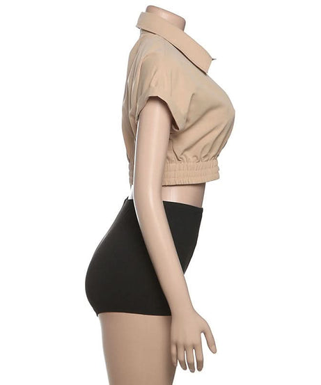 Effortless Chic: Khaki Crop Button-Up & Black High-Waist Shorts Set – Your Perfect Fall Comfort