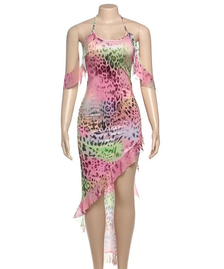 Y2K Rainbow Leopard Halter Maxi Dress - Vibrant Asymmetrical Ruffle Party & Resort Ready