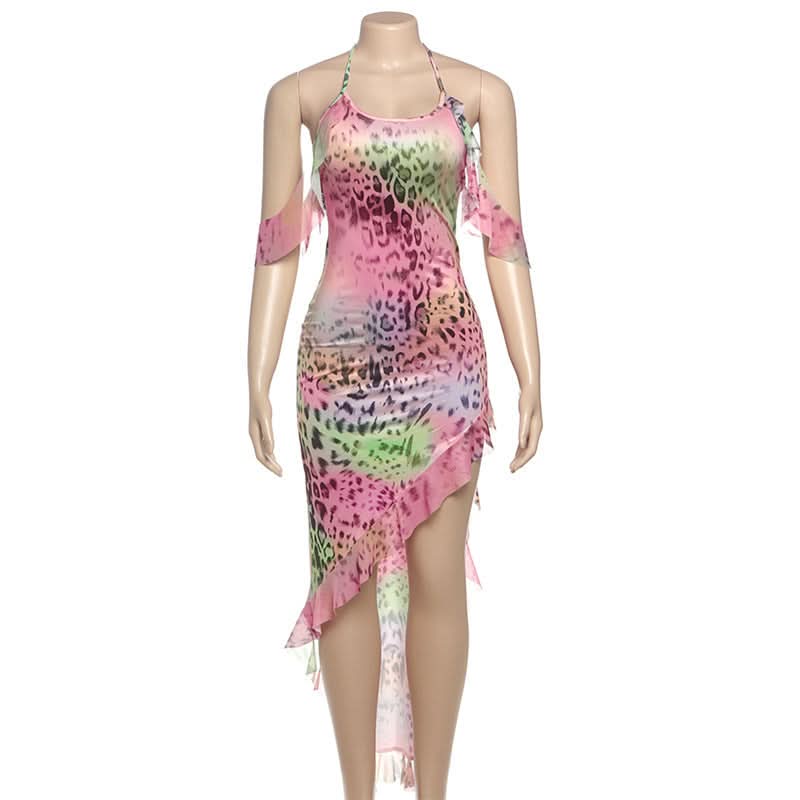 Y2K Rainbow Leopard Halter Maxi Dress - Vibrant Asymmetrical Ruffle Party & Resort Ready