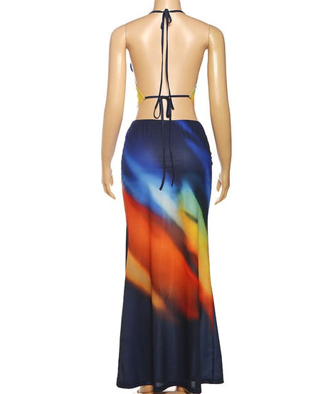 Vibrant Sunset Ombre Halter Crop Top & Maxi Skirt Set - Your Go-To for Fall Getaways & Resort Style