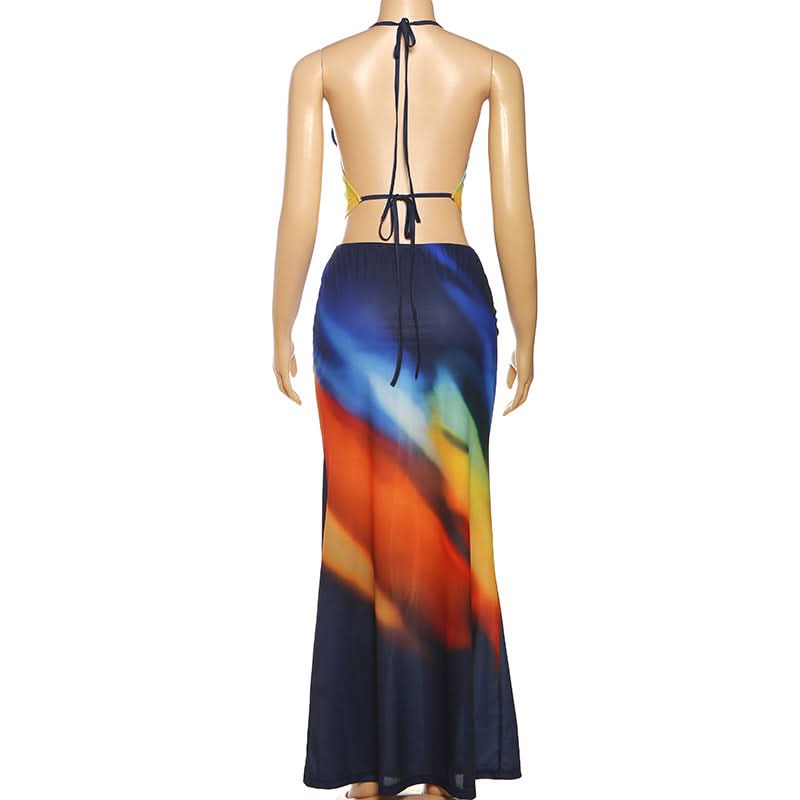 Vibrant Sunset Ombre Halter Crop Top & Maxi Skirt Set - Your Go-To for Fall Getaways & Resort Style