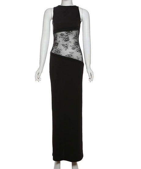 Black Lace Illusion Maxi Dress | Backless Glamour for Fall & Holiday Parties
