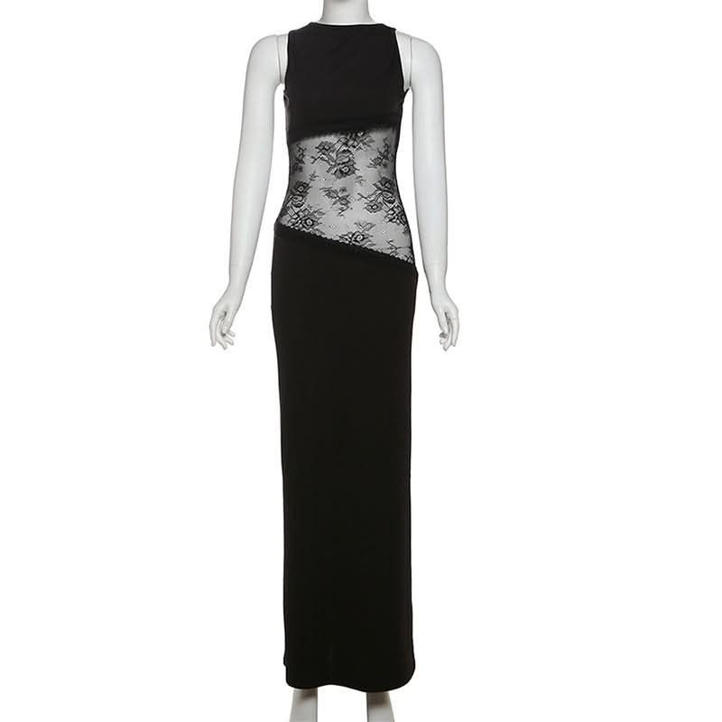 Black Lace Illusion Maxi Dress | Backless Glamour for Fall & Holiday Parties