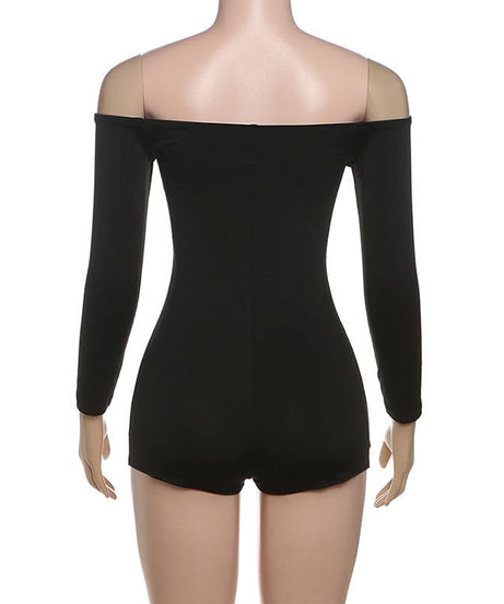 Sultry Black Off-Shoulder Long Sleeve Ladder Cut-Out Romper - Fall Nights & Party Essential