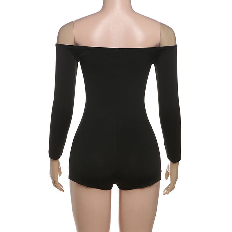 Sultry Black Off-Shoulder Long Sleeve Ladder Cut-Out Romper - Fall Nights & Party Essential