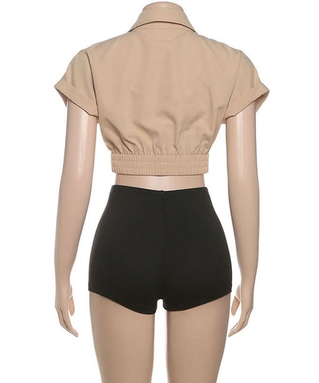 Effortless Chic: Khaki Crop Button-Up & Black High-Waist Shorts Set – Your Perfect Fall Comfort